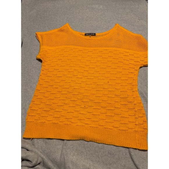 Cable & Gauge Sweaters - Cable & Gauge Orange Knit Short Sleeve Sweater Mesh Yoke Basketweave Top S